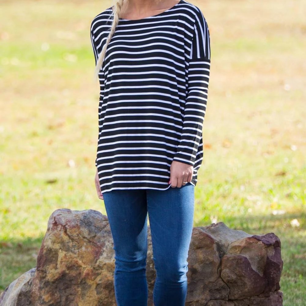 Long Sleeve Tiny Stripe Piko Top - Black/White - M